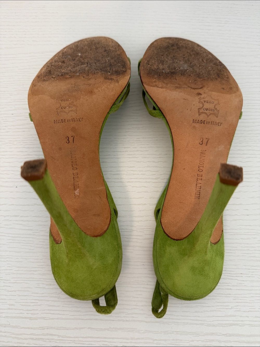 Manolo Blahnik Vintage EU 37 Lime Green Suede Bow Slingback Heels Open Toe Shoes - Picture 5 of 6